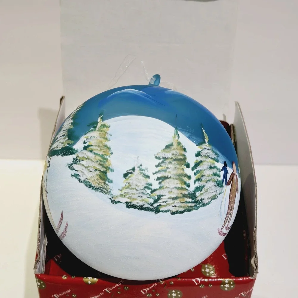 Vintage Dillard's Trimmings Ski Skiing Glass Ball Ornament Blue 4